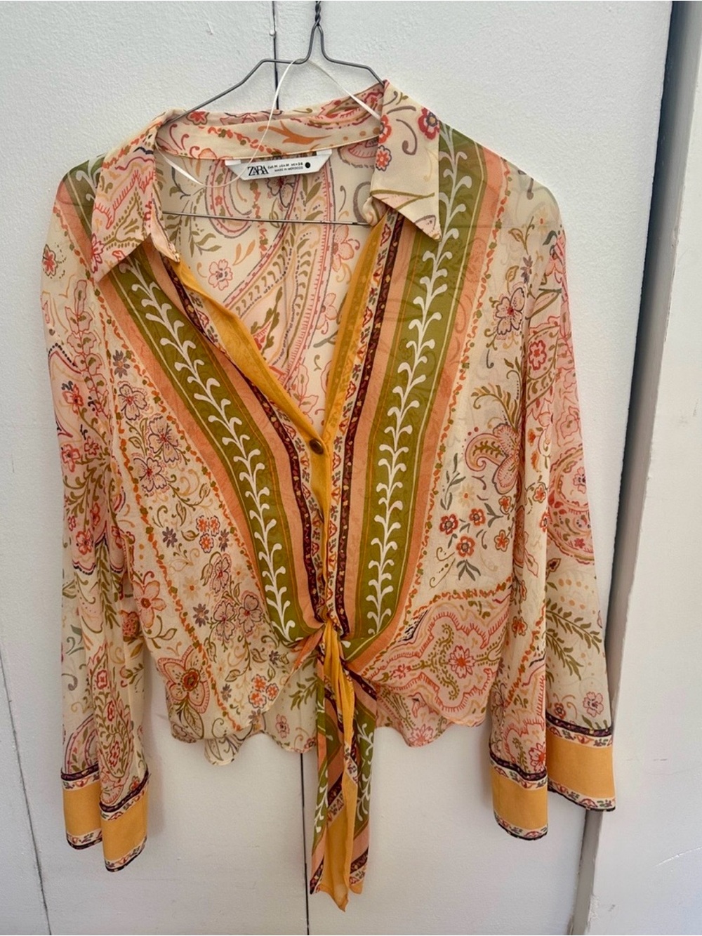 Zara Paisley Tie-Front Button down Blouse in cream, olive and mustard